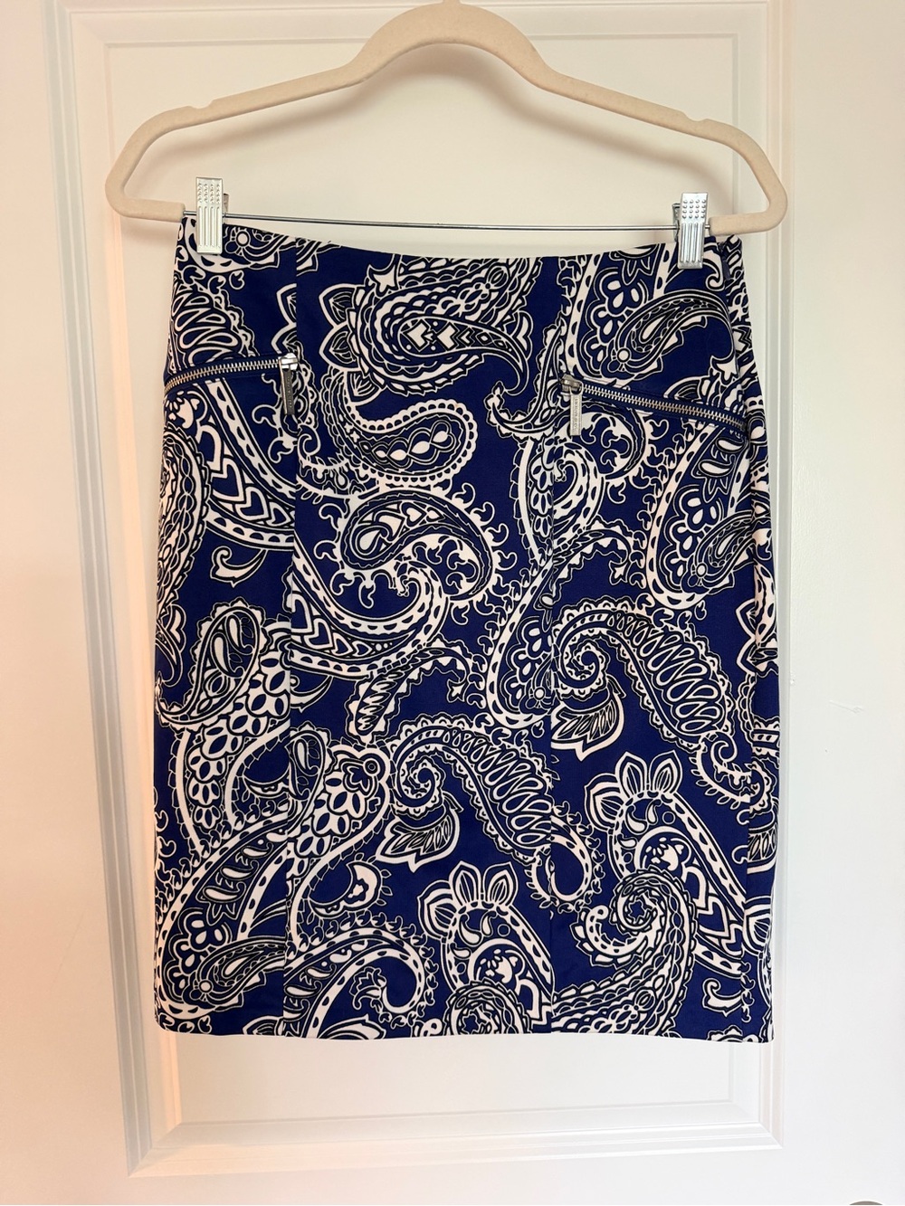 Navy Paisley Pencil Skirt with Zipper Pockets Office Outfit